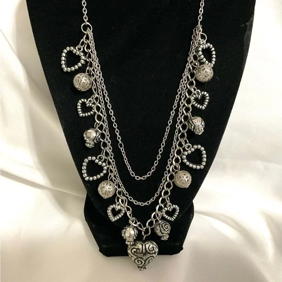 SilverTone Acrylic Heart Charms Necklace - Picture 3 of 5